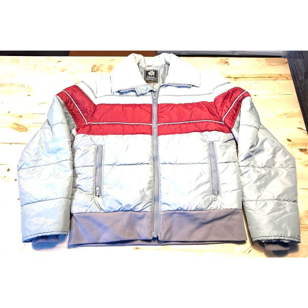 Vintage Alpine Designs Goose Down Puffer Jacket Silver & Red Stripe M USA Made